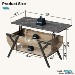 Benignon Lift Top Coffee And Center Table With Hidden Storage Faux Mable Led Light
