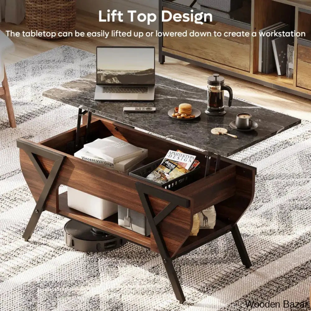 Benignon Lift Top Coffee And Center Table With Hidden Storage Faux Mable Led Light