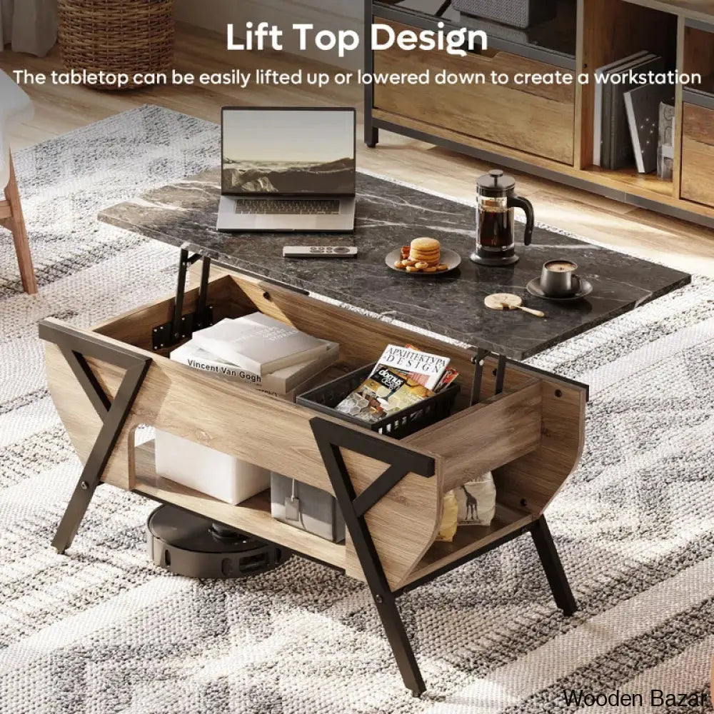 Benignon Lift Top Coffee And Center Table With Hidden Storage Faux Mable Led Light