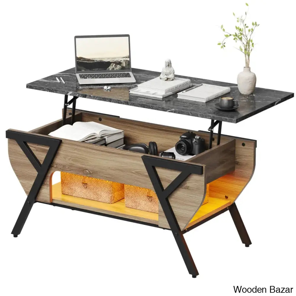 Benignon Lift Top Coffee And Center Table With Hidden Storage Faux Mable Led Light