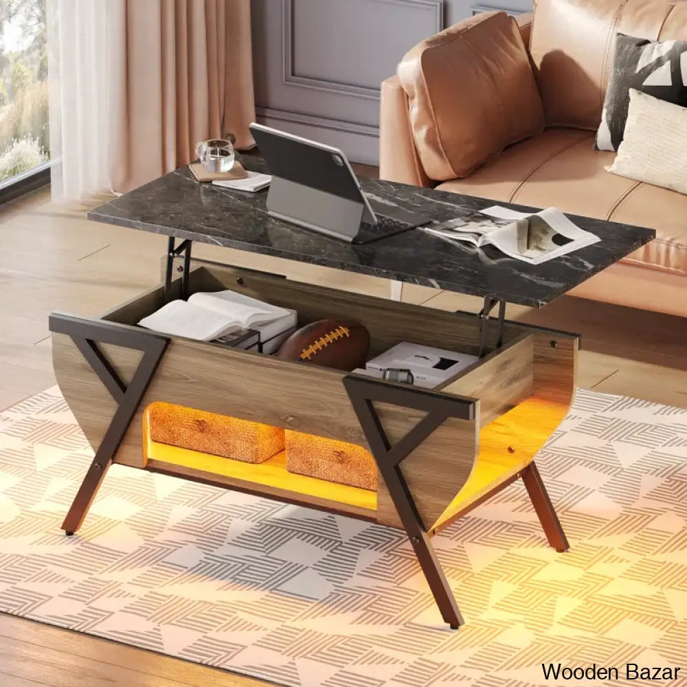 Benignon Lift Top Coffee And Center Table With Hidden Storage Faux Mable Led Light