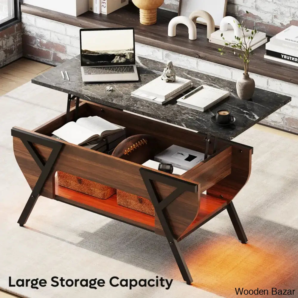 Benignon Lift Top Coffee And Center Table With Hidden Storage Faux Mable Led Light