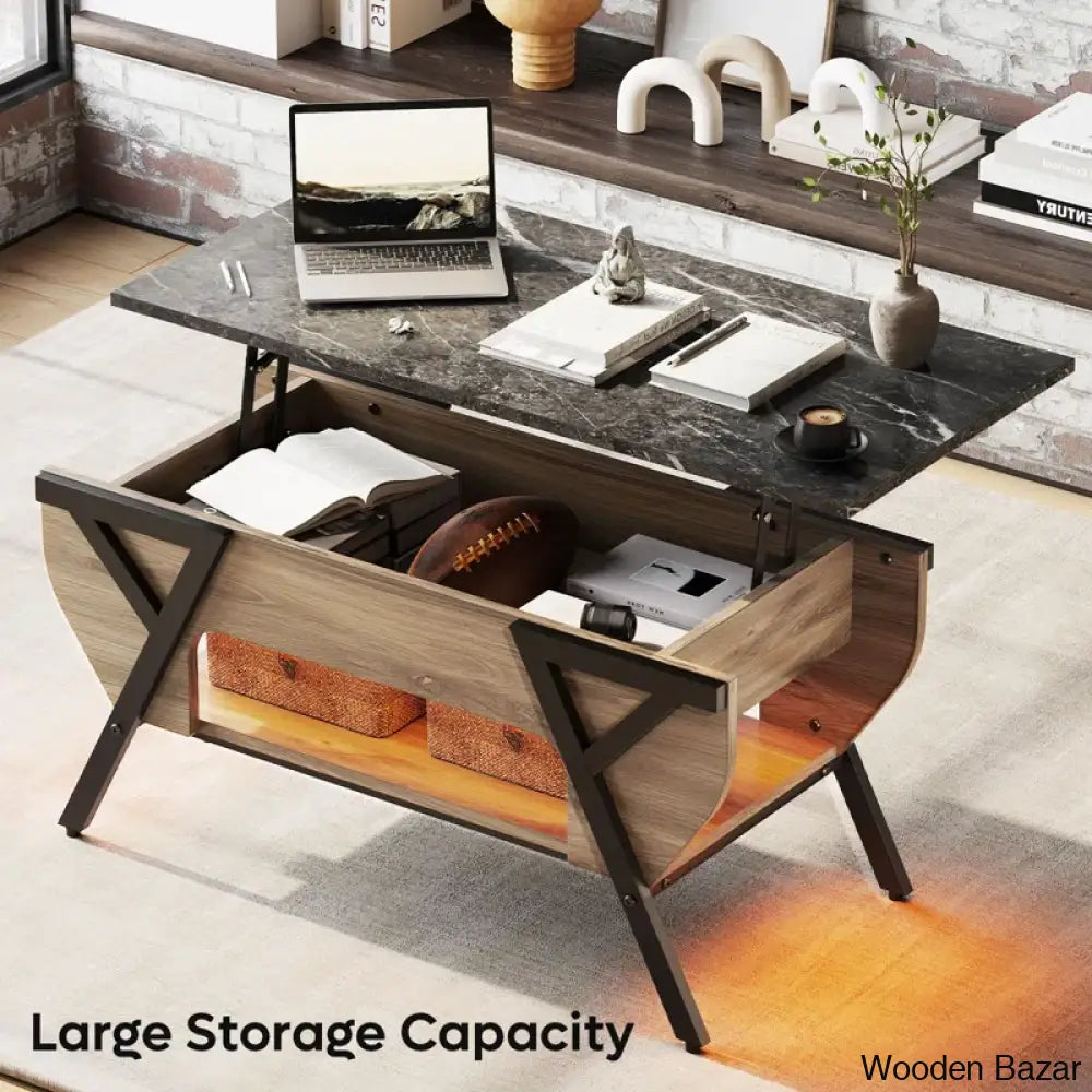 Benignon Lift Top Coffee And Center Table With Hidden Storage Faux Mable Led Light