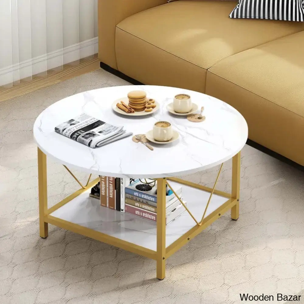 Bertrian 31’’ 4 Legs Round Coffee And Center Table With Storage For Living Room Marble White/Gold