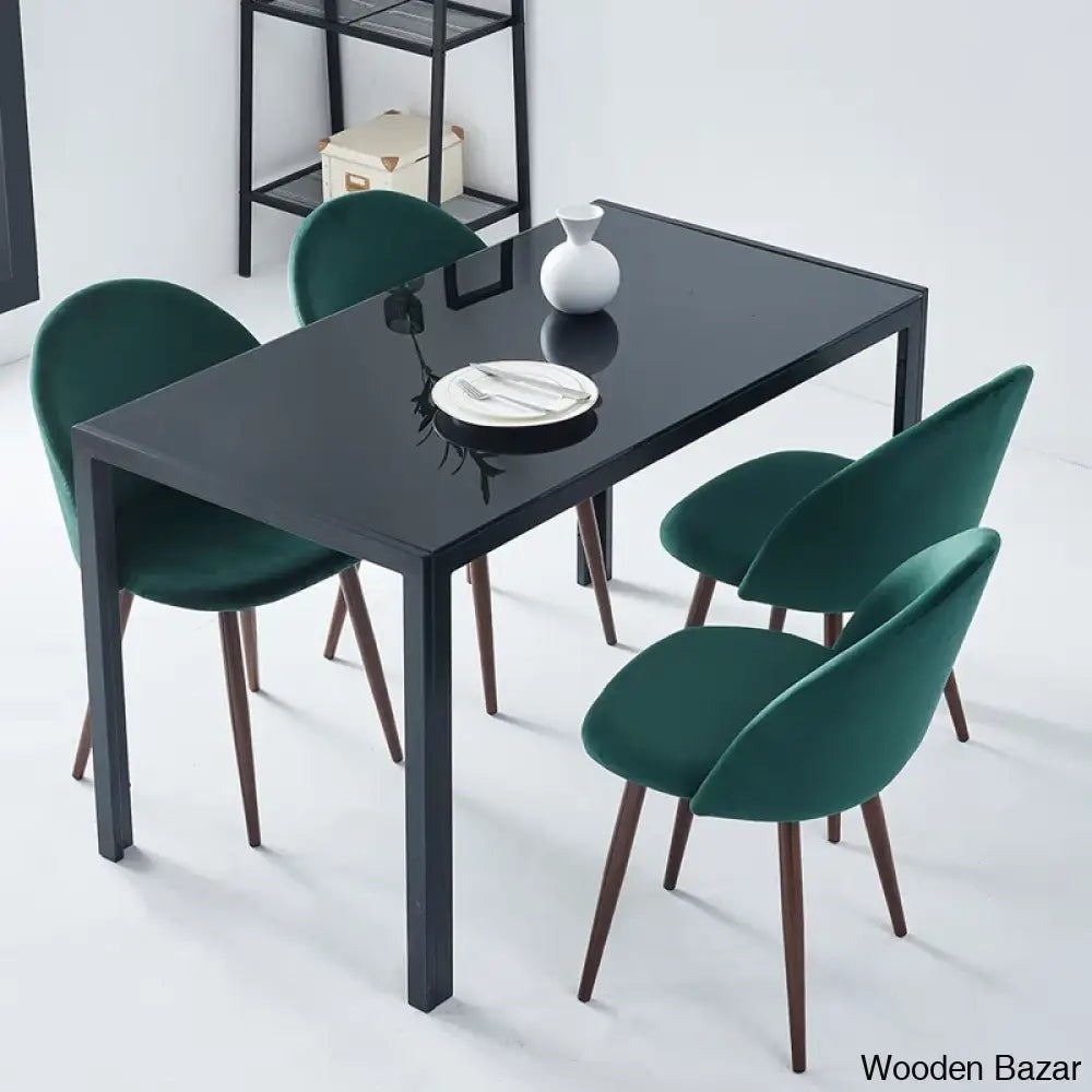 Blaan 4 Seater Glass Top Dining Set - Wooden Bazar Green/Black