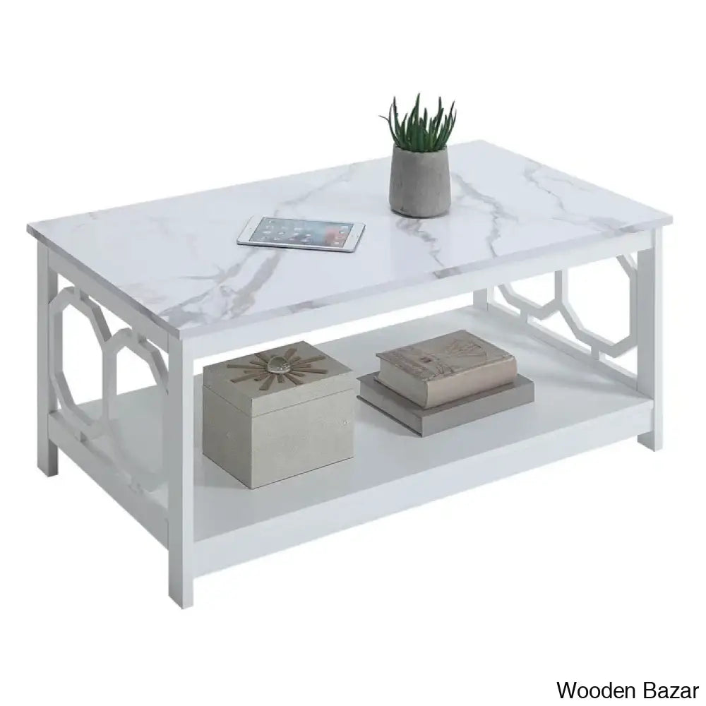 Bodeswellc Coffee And Center Table With Storage White Faux Marble/White