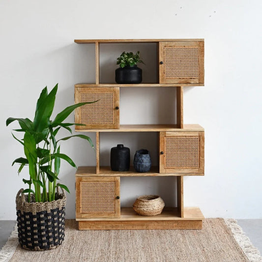 Helmut Modern Cane Bookshelf With Partially Closed Storage - Wooden Bazar