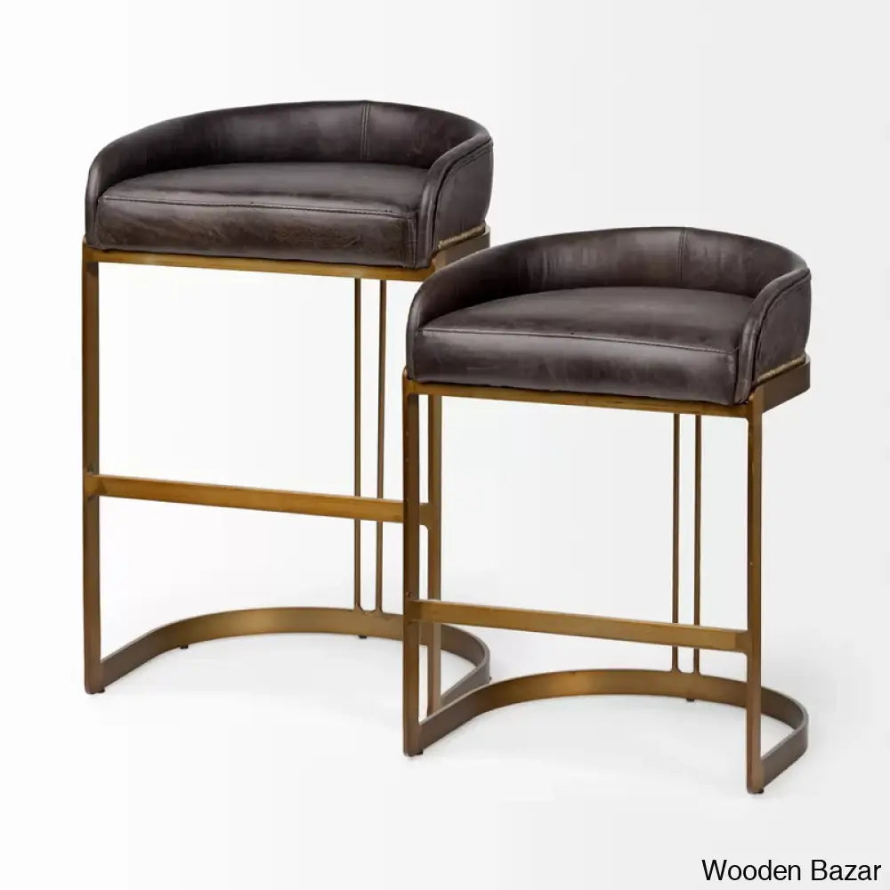 Bradleys Swivel Leather And Antiqued Brass Metal Low Back Counter Bar Stool