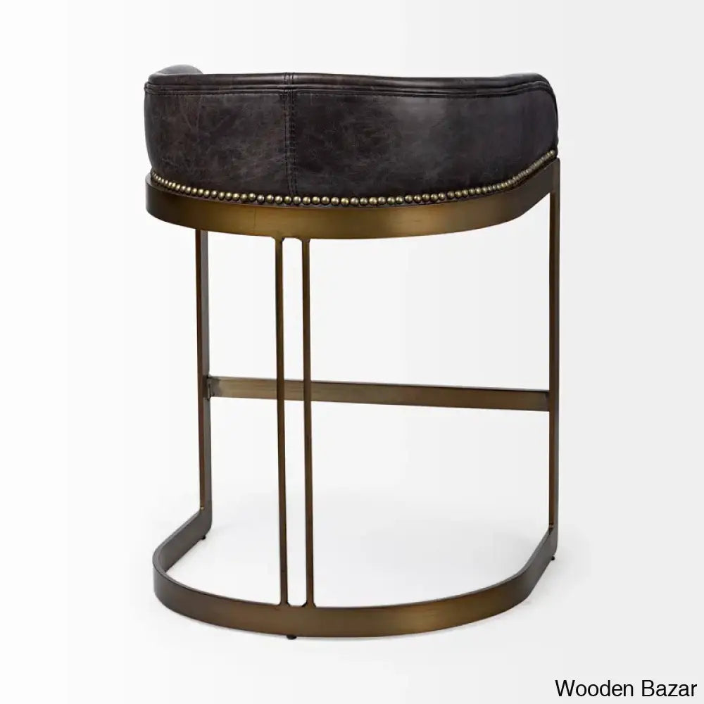 Bradleys Swivel Leather And Antiqued Brass Metal Low Back Counter Bar Stool