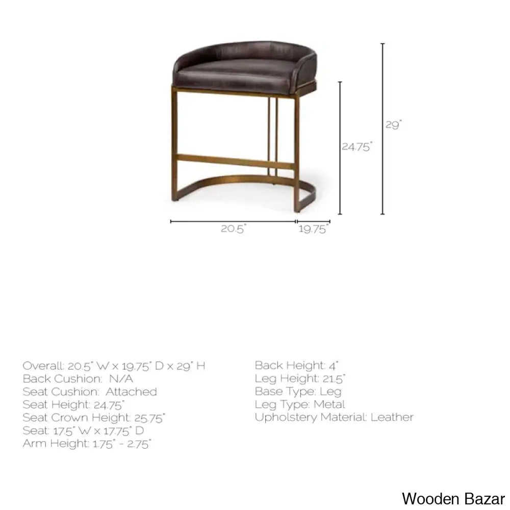 Bradleys Swivel Leather And Antiqued Brass Metal Low Back Counter Bar Stool