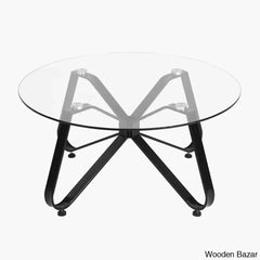 Bred 31.5’’ Round Glass Coffee And Center Table With Metal Frame Supported For Living Room