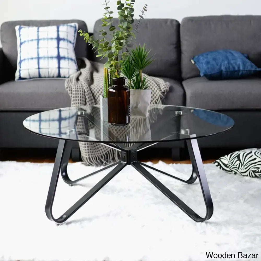 Bred 31.5’’ Round Glass Coffee And Center Table With Metal Frame Supported For Living Room