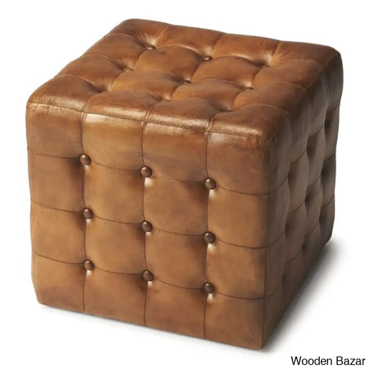 Brinly Leather Button Tufted Stool In Brown Color - Wooden Bazar