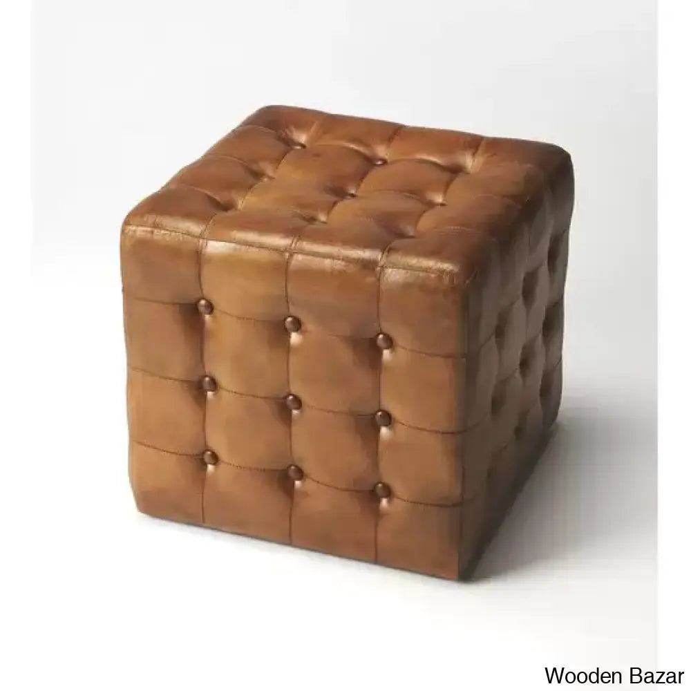 Brinly Leather Button Tufted Stool In Brown Color - Wooden Bazar