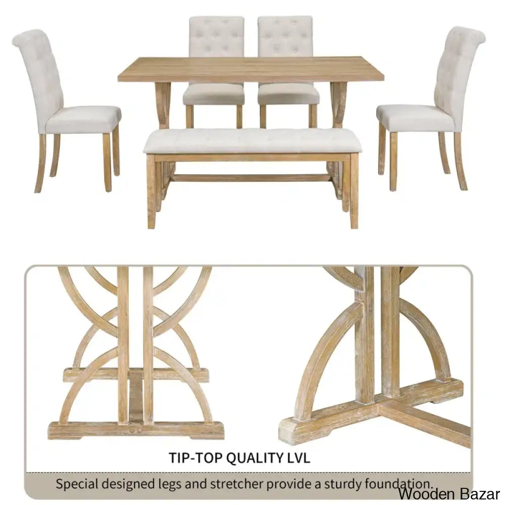 Burdette New 6 Seater Trestle Dining Set - Wooden Bazar