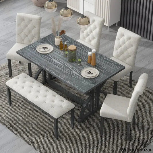 Burdette New 6 Seater Trestle Dining Set - Wooden Bazar