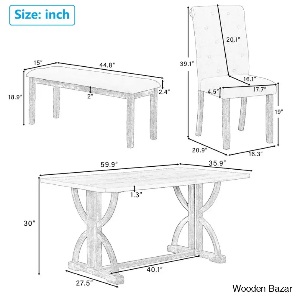 Burdette New 6 Seater Trestle Dining Set - Wooden Bazar