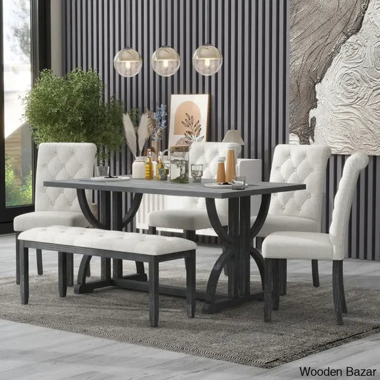 Burdette New 6 Seater Trestle Dining Set - Wooden Bazar Gray Wash