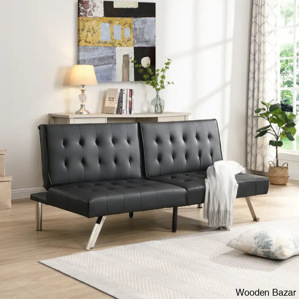 Byrne Stylish 3 Seater Chesterfield Sofa Bed In Black Pvc - Wooden Bazar