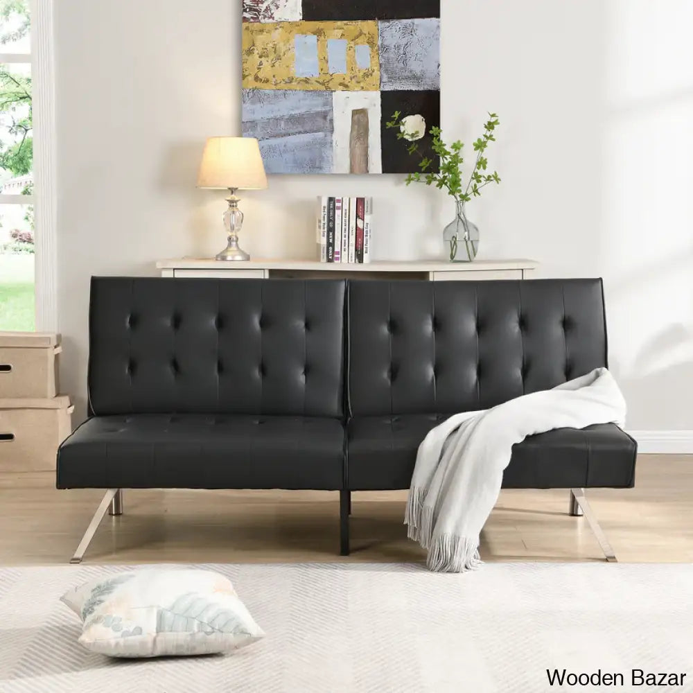 Byrne Stylish 3 Seater Chesterfield Sofa Bed In Black Pvc - Wooden Bazar