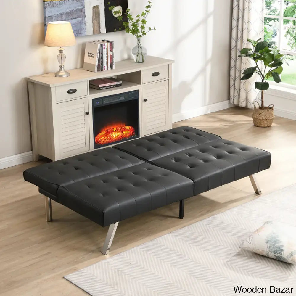 Byrne Stylish 3 Seater Chesterfield Sofa Bed In Black Pvc - Wooden Bazar