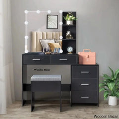 Calletano Makeup Vanity Dressing Table With Lighted Mirror And Stool Black