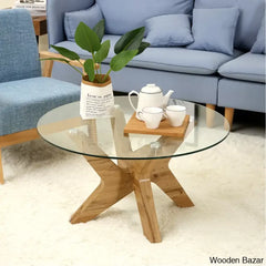 Cambridgeshirec Round Coffee And Center Tables With Natural Wood Frame Tempered Glass Top Center