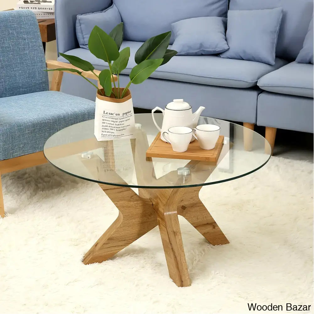 Cambridgeshirec Round Coffee And Center Tables With Natural Wood Frame Tempered Glass Top Center