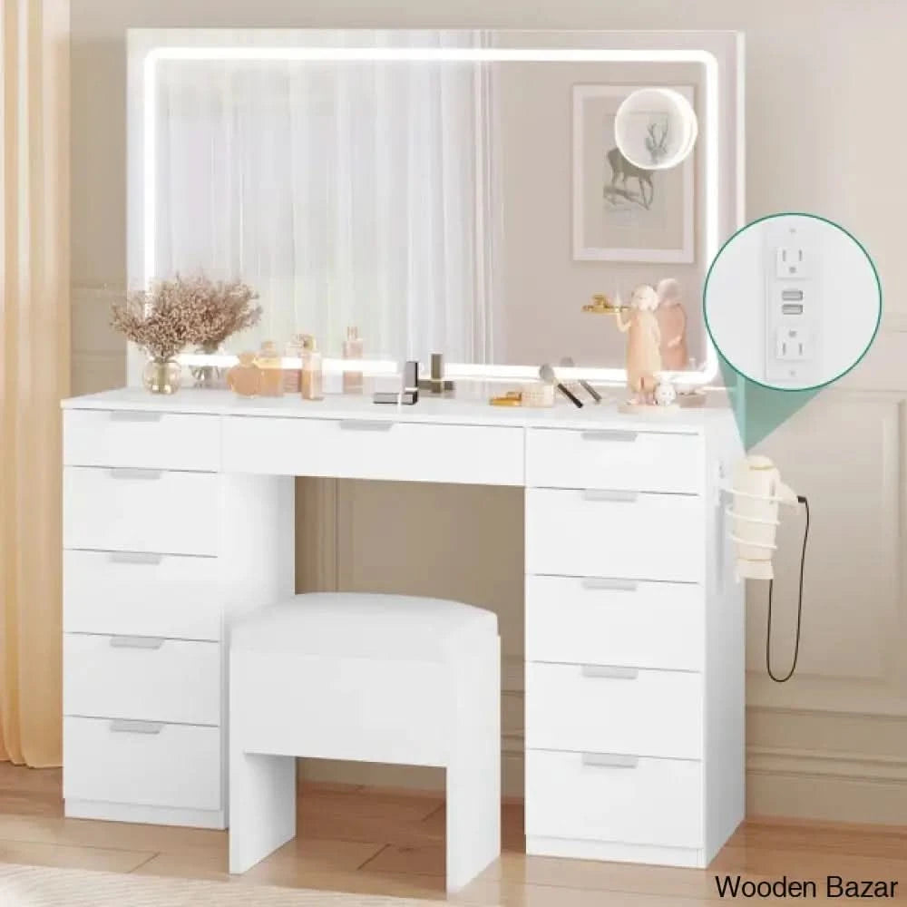 Cassanda 46 Vanity dressing table With Built in Socket With Illuminated Mirror and Hair Dryer Rack Wooden Bazar