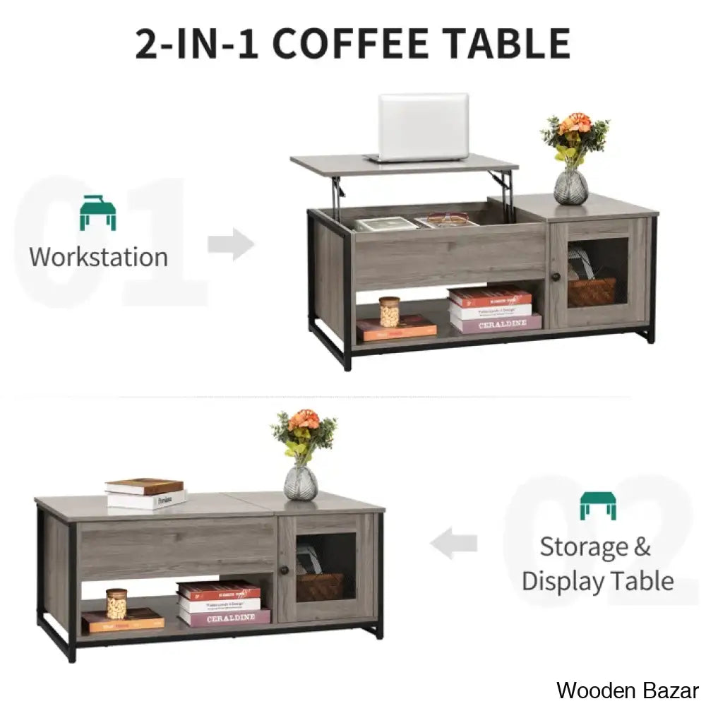 Caulein Lift Top Extendable Frame Rectangular Coffee And Center Table With Storage