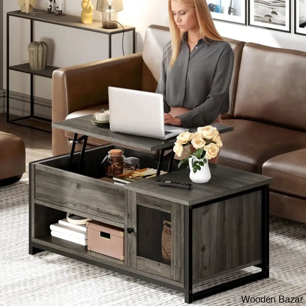 Caulein Lift Top Extendable Frame Rectangular Coffee And Center Table With Storage Gray Wash