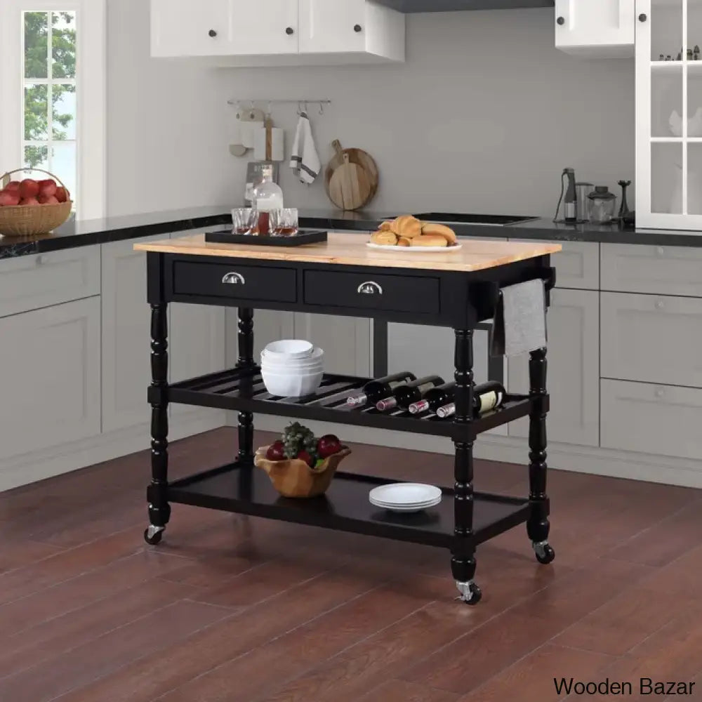 Celia 45’’ Kitchen Cart With Butcher Block Top And Locking Wheels Trolley Cart Cabinet Kitchen