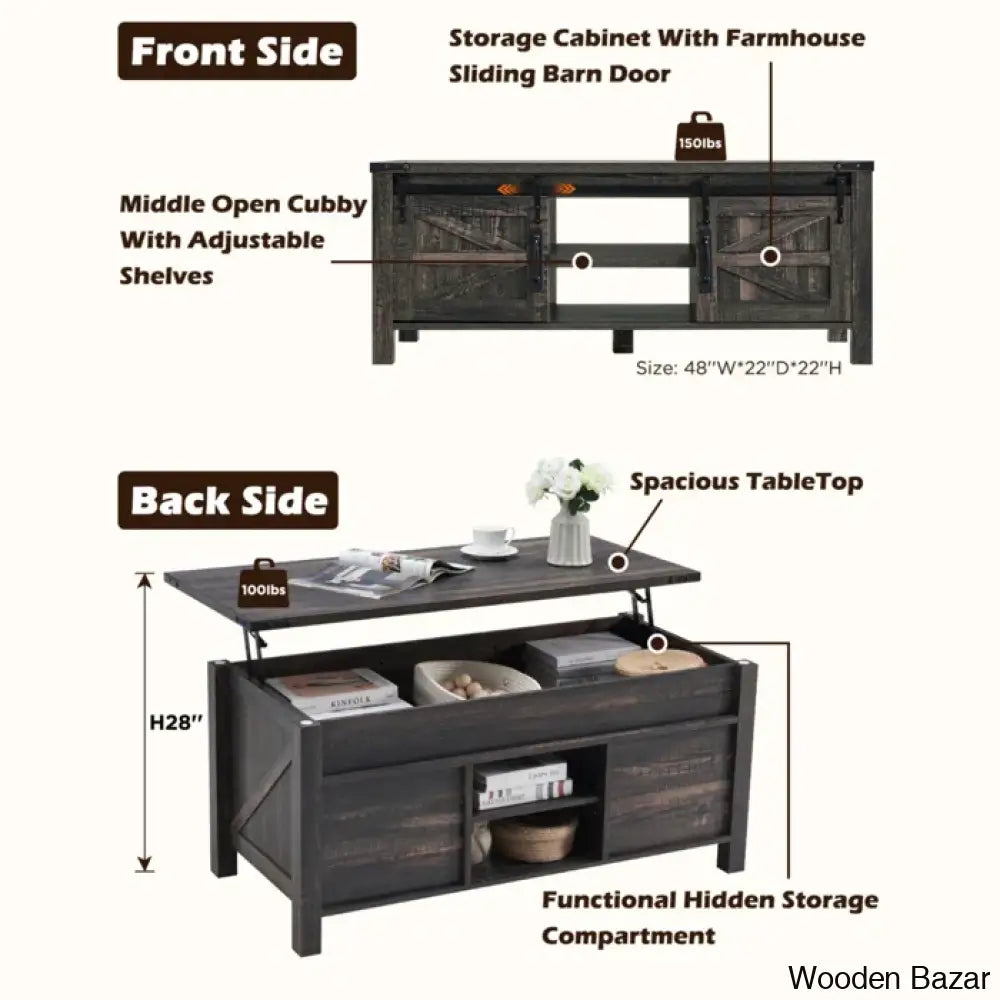 Chanyas 48’’W Farmhouse Lift Top Storage Coffee And Center Table With Sliding Barn Door