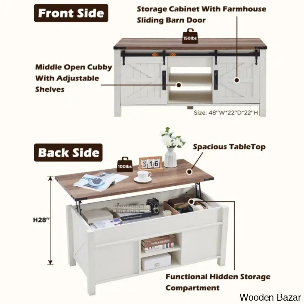 Chanyas 48’’W Farmhouse Lift Top Storage Coffee And Center Table With Sliding Barn Door