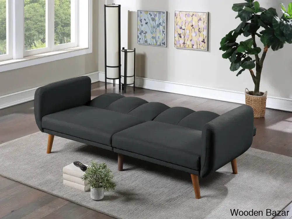 Charlotte Elegant Black Polyfiber Convertible Sofa Bed With Wooden Legs