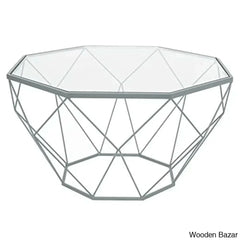 Chendan Octagon Glass Top Coffee And Center Table With Geometric Base