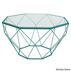 Chendan Octagon Glass Top Coffee And Center Table With Geometric Base