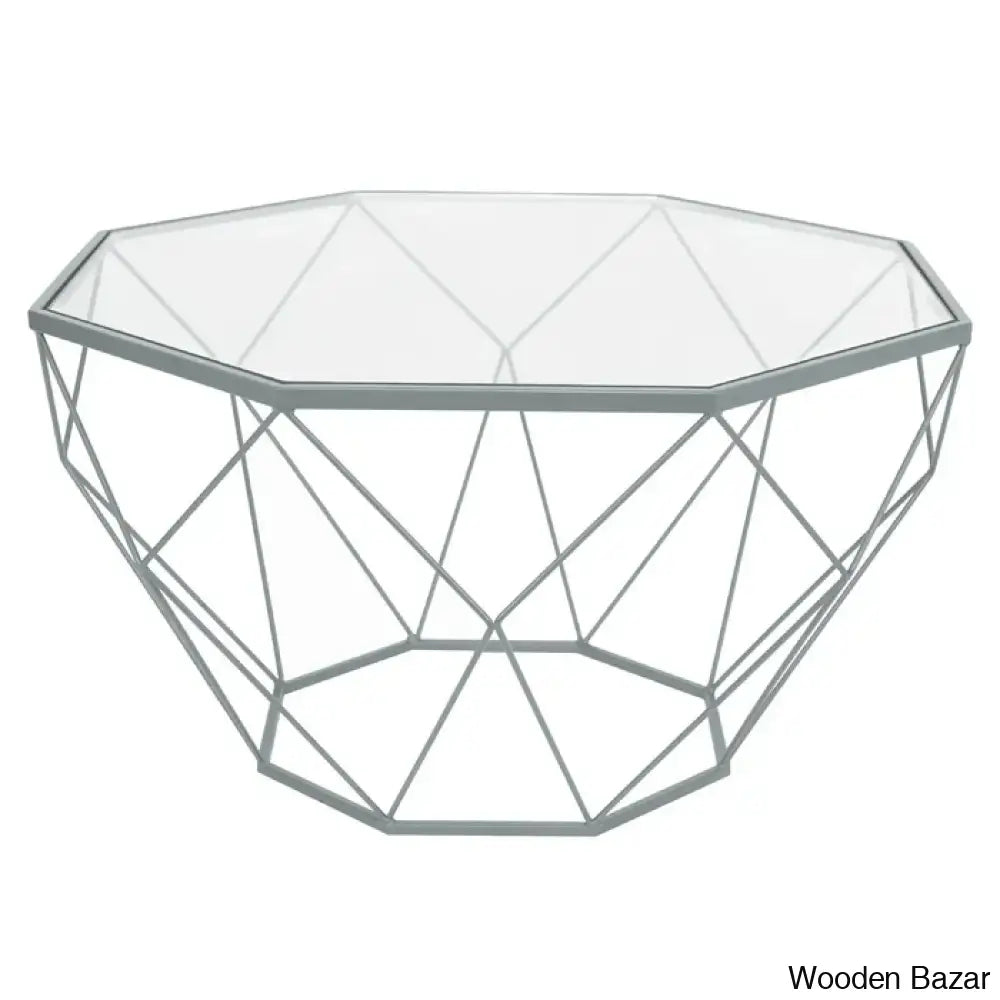 Chendan Octagon Glass Top Coffee And Center Table With Geometric Base Grey