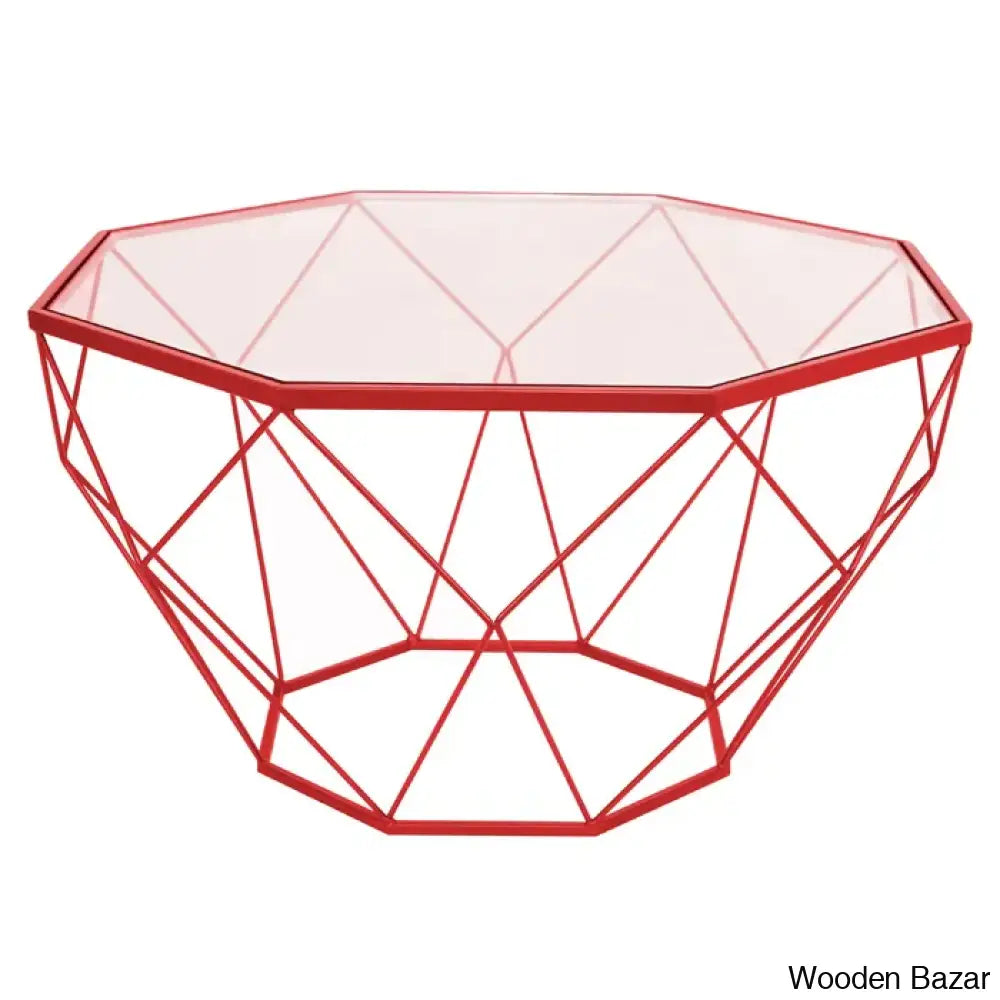 Chendan Octagon Glass Top Coffee And Center Table With Geometric Base Red