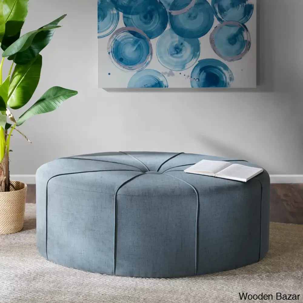 Christopher Tufted Oval Cocktail Ottoman Greyish Blue Polyester Blend