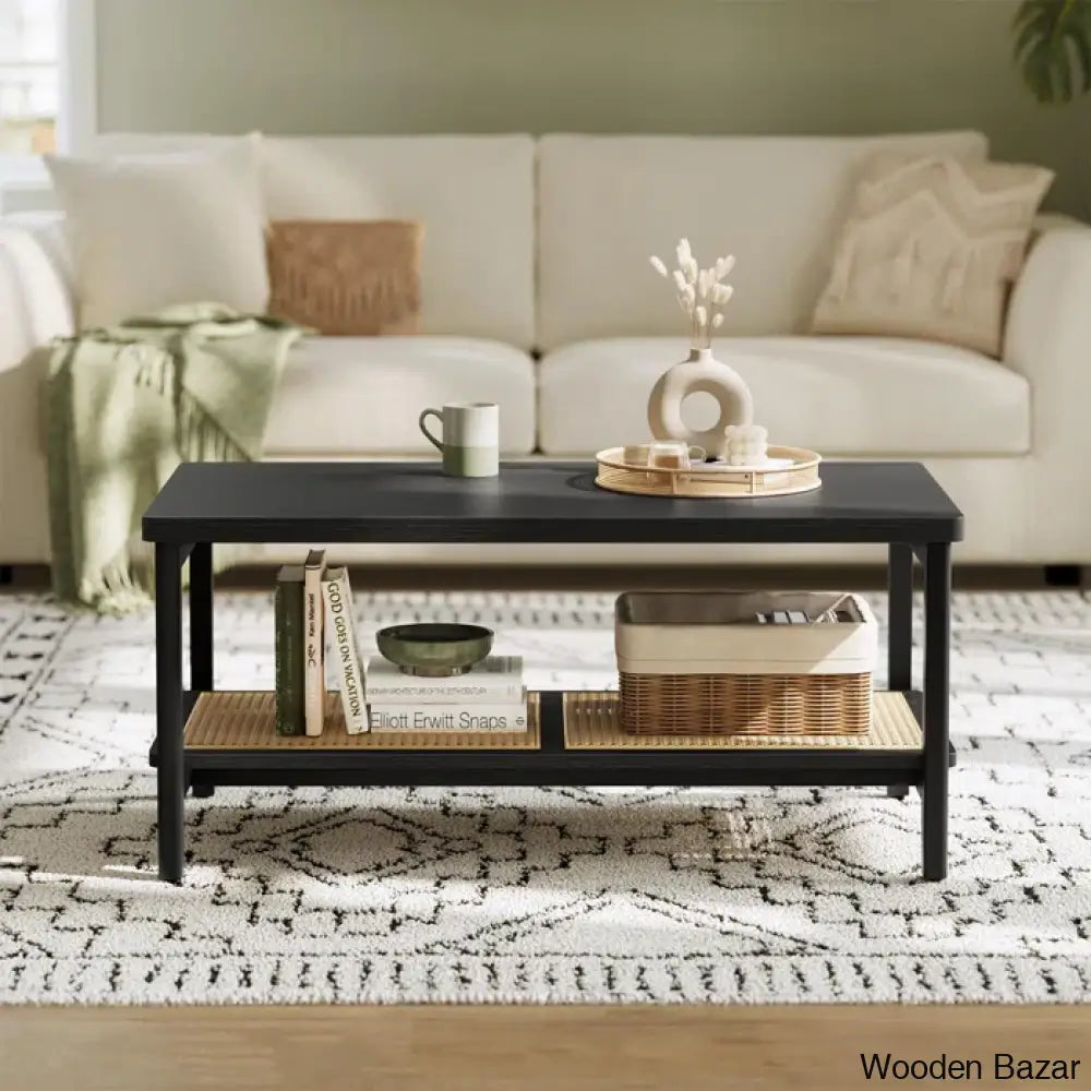 Coffee And Center Table With Pvc Rattan Storage Shelf