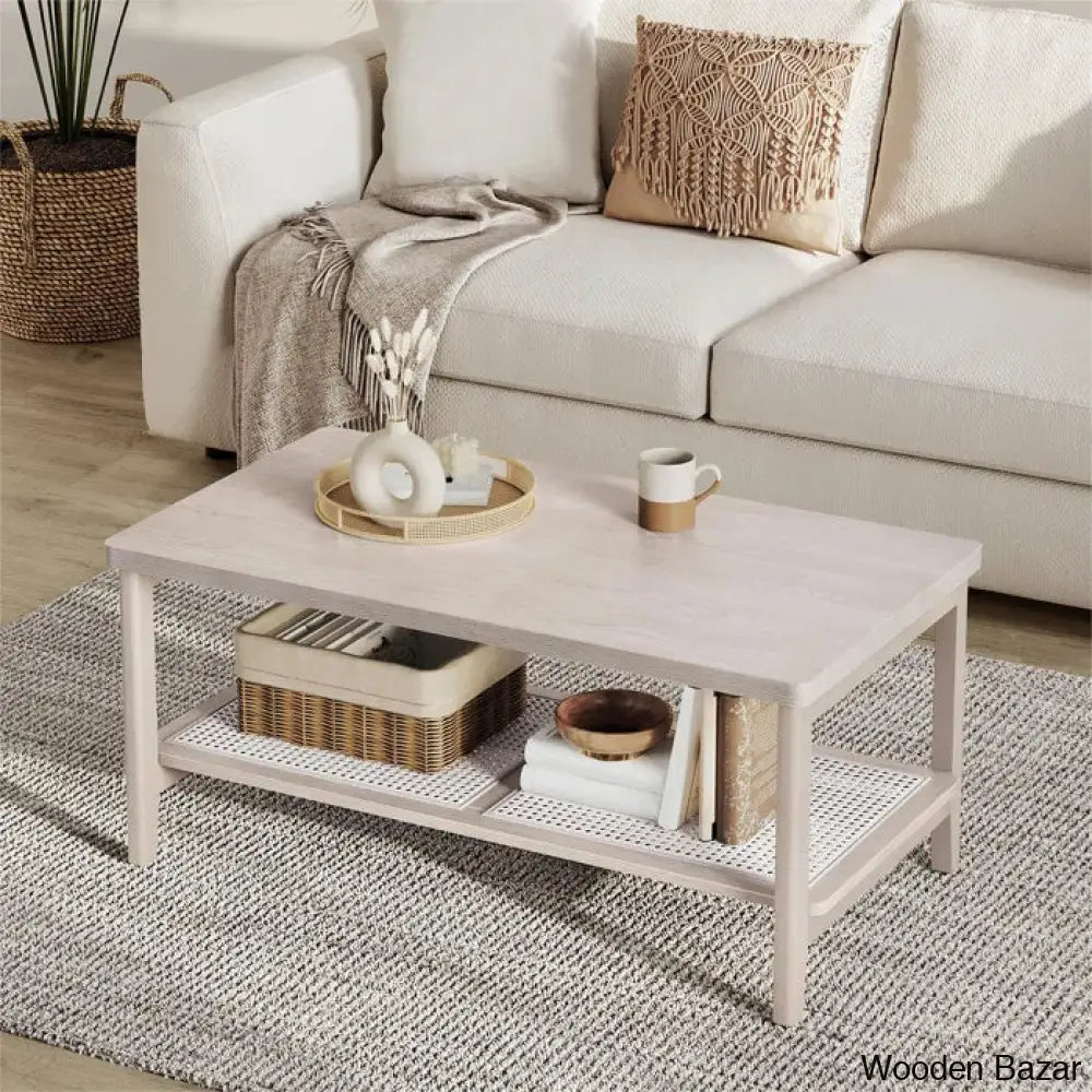 Coffee And Center Table With Pvc Rattan Storage Shelf