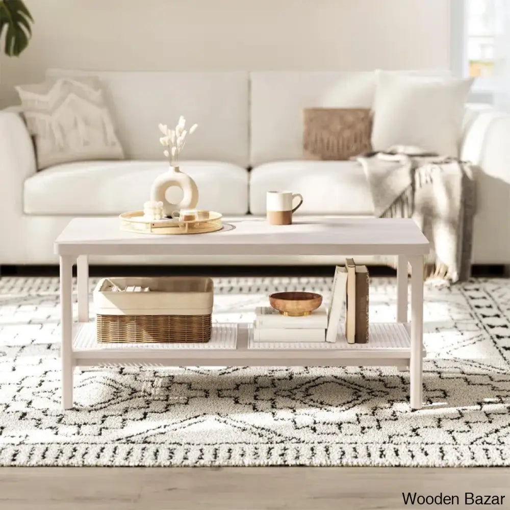 Coffee And Center Table With Pvc Rattan Storage Shelf