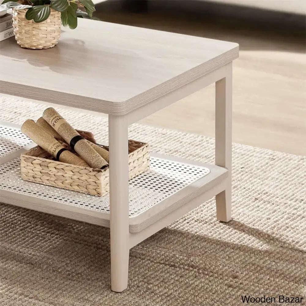 Coffee And Center Table With Pvc Rattan Storage Shelf