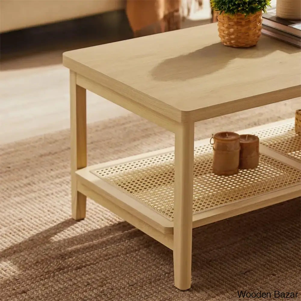 Coffee And Center Table With Pvc Rattan Storage Shelf