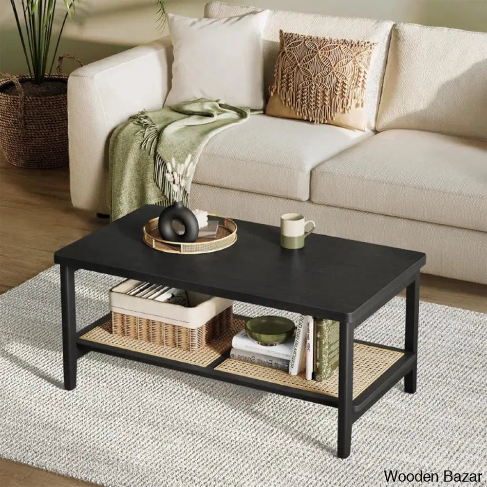 Coffee And Center Table With Pvc Rattan Storage Shelf Black