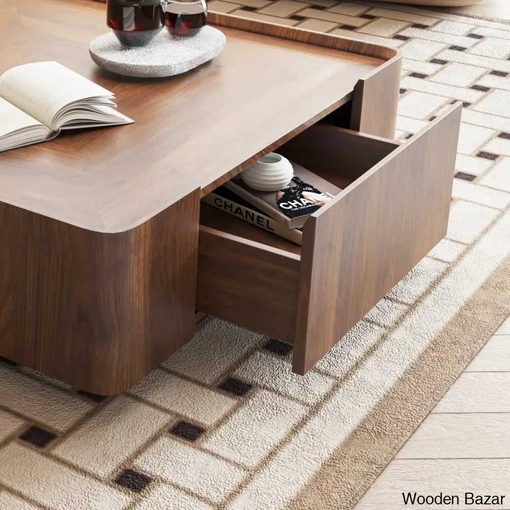 Collier Walnut Square Coffee Table With Storage Drawers For Living Room And Home Office Center Table