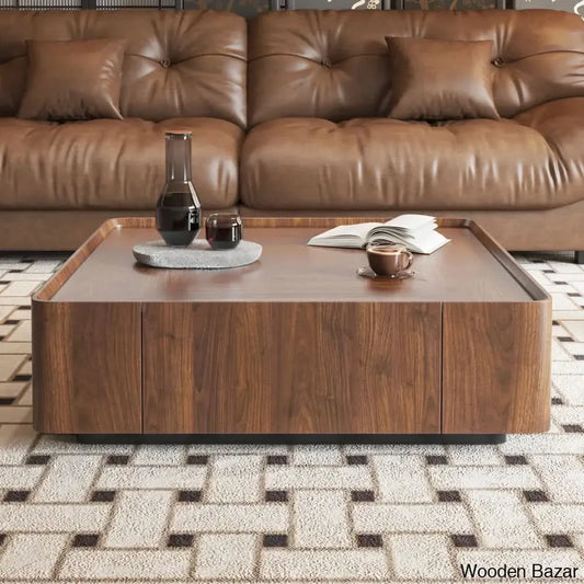 Collier Walnut Square Coffee Table With Storage Drawers For Living Room And Home Office Center Table