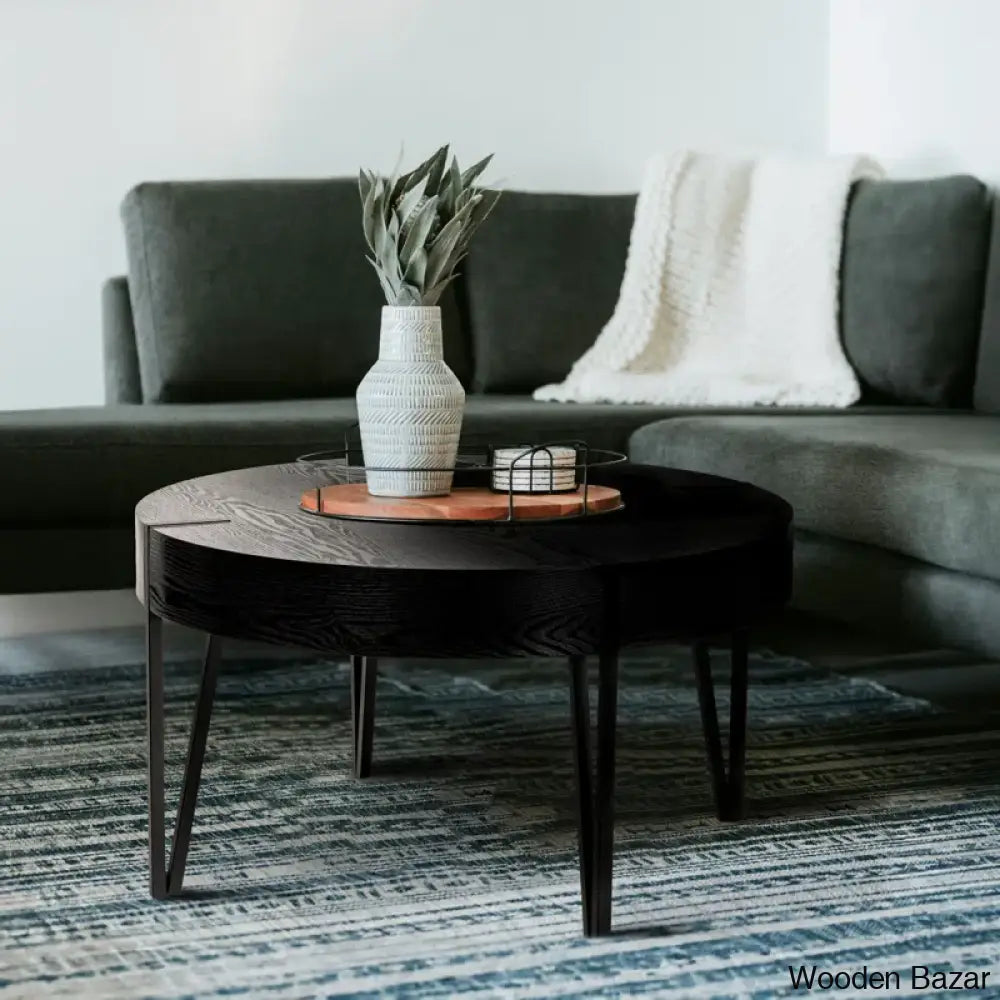 Corvallise Round Wood Side Coffee Table With Metal Hairpin Legs And Center Table Black