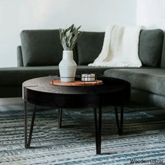Corvallise Round Wood Side Coffee Table With Metal Hairpin Legs And Center Table Black